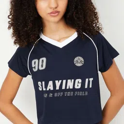 max Women Typography Printed V-Neck Boxy T-shirt-image-78