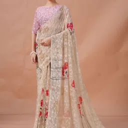 Garden Vareli Floral Printed Brasso Saree With Unstitched Blouse-13
