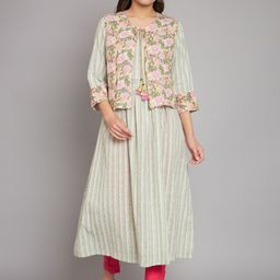 Anouk Green Striped A-Line Kurta With Jacket-image-11