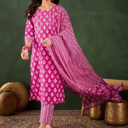Vastramyaa Women Floral Embroidered Mirror Work Pure Cotton Kurta Trousers With Dupatta-picture-43