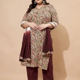 GULMEHAK Women Plus Size Ethnic Motifs Printed Pure Cotton Kurta with Trouser & Dupatta-picture-2