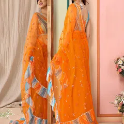 CATCHY FOREVER Embellished Mirror Work Net Saree image 3