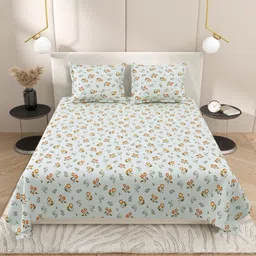 DREAM WEAVERZ Green & Orange Floral 220 TC Cotton King Bedsheet With 2 Pillow Covers-image-59