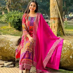 NKV Ethnic Motifs Printed Round Neck Mirror Work Straight Kurta With Palazzo & Dupatta-10