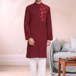 Moda Rapido Men Floral Embroidered Regular Pure Cotton Kurta with Pyjamas-image-66