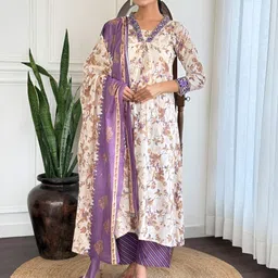Brand Hill Embroidered V-Neck Thread Work Pure Cotton Kurta With Trousers & Dupatta-picture-45