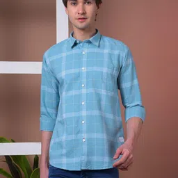 COBB Men Slim Fit Windowpane Checked Spread Collar Cotton Casual Shirt-picture-18