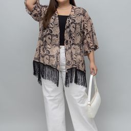 PURYS PLUS Abstract Printed Open Front Tasselled Shrug image 3