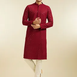 Diwas by Manyavar Embroidered Mandarin Collar Stright Sequinned Kurta with Pyjamas-image-25