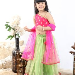 Babyhug Sleeveless Choli & Lehenga with Dupatta - Pink Green-image-16