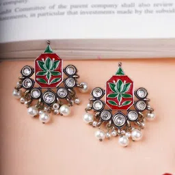 Adwitiya Silver-Plated Artificial Stones Studded And Beaded Contemporary Drop Earrings-7