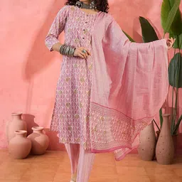 Sangria Women's Mauve & Beige Ethnic Motifs Printed Kurta with Trousers & Dupatta Set-image-40