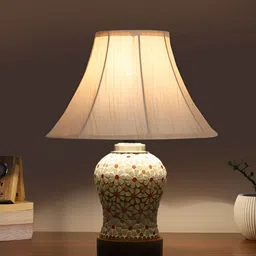 Devansh Off White & Red Textured Wooden Frustum Shaped Table Lamp With Mosaic Glass Base image 5