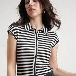 Tokyo Talkies Striped Monochrome Ribbed Shirt Collar Bodysuit-image-17