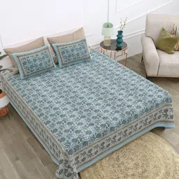 Texstylers Blue & Multicoloured Floral 210 TC Queen Bedsheet with 2 Pillow Covers-image-31