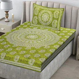 UBANIA COLLECTION Sanganeri Green Printed 144 TC Cotton Single Bedsheet Set 2.28 x 1.52 m-image-1