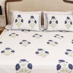 MuddnMe White & Blue Ethnic Printed 300 TC Cotton Queen Bedsheet Set 1.52 m x 2.28 m-image-43