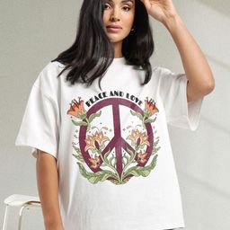 PRONK Peace And Love Graphic Printed Drop-Shoulder Sleeves Oversized Cotton T-shirt-image-76