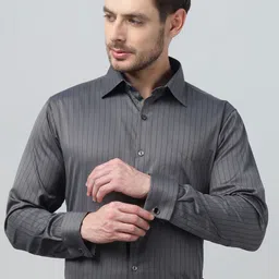 Hancock Men Classic Slim Fit Vertical Striped Spread Collar Formal Shirt-image-35
