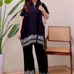 Fabinn Geometric Yoke Design Mandarin Collar Straight Kurti With Palazzos-56