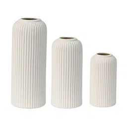 BODHI HOUSE White 3 Pieces Ribbed Ceramic Matte Finish Anti Slip Vases-image-93