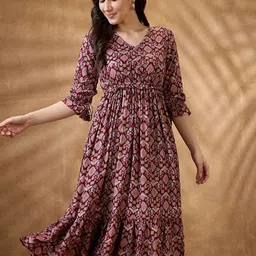Globus Ethnic Motifs V-Neck Tie-Up Sleeves Frill Detail Tiered Midi A-Line Fusion Dress-image-34