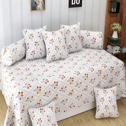 Aura White & Orange-Coloured 8 Pieces Floral Printed 160 TC Diwan Set-image-40