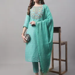VredeVogel Women Silk Blend Kurta with Trouser Pant & Embroidered Dupatta Set-54