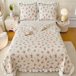 JC HOME Red & White Floral Printed 162 TC Double Bed King Bed Cover Set-picture-41