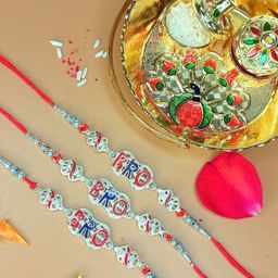Anouk Set Of 3 BRO Letter Rakhi Card & Kumkum Pooja Thali Rakhi Gift Set-26