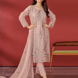 ODETTE Floral Embroidered Sequinned Georgette Semi-Stitched Dress Material-image-94