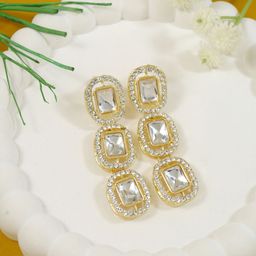 I Jewels Silver-Plated Artificial Stones Studded Geometric Shaped Drop Earrings-8