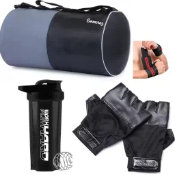 black&grey gym bag with gallon bottle with wrist band and gym gloves Fitness Kit-26