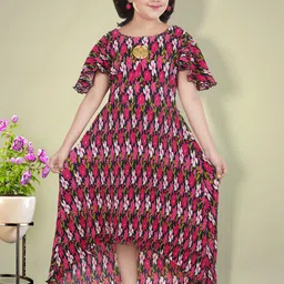 KAARIGARI Kids Girls Round Neck Floral Printed Flutter Sleeve Maxi Dress-image-37