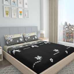 VOMZER Black Floral 300 TC Queen Bedsheet with 2 Pillow Covers-image-99