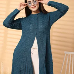 Clora Creation Women Cable Knit Woollen Longline Cardigan with Embellished Detail-image-32