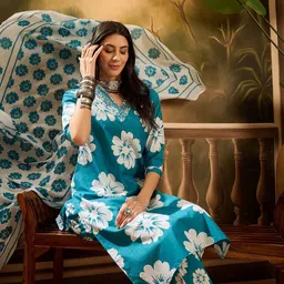 Sangria Floral Printed Cotton Kurta & Trousers With Dupatta-picture-58