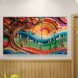 Myntra Elegant Homes Yellow & Pink 5 Pieces Layered Sunset MDF Wooden Wall Art-7