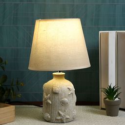 TAYHAA Cream & Beige Textured Ceramic Contemporary Frustum Shaped Table Lamp-51