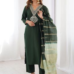 KALINI Ethnic Motifs Embroidered Thread Work Straight Kurta with Trouser & Dupatta-picture-9