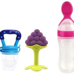 3 in1 Combo Set-Feeding Milk Bottle with Spoon, & Teether & Food Nibbler Teether and Feeder-34