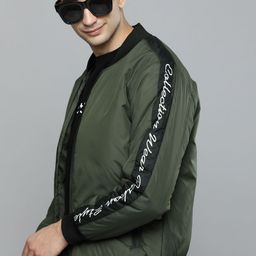 HERE&NOW Men Olive Green Solid Bomber Jacket With Printed Detailing-image-19