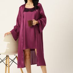 ETC Solid Satin Nightdress with Lace Details-54