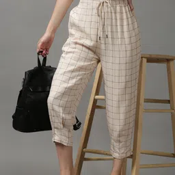 SHOWOFF Women Cream-Coloured Checked Trousers-picture-18