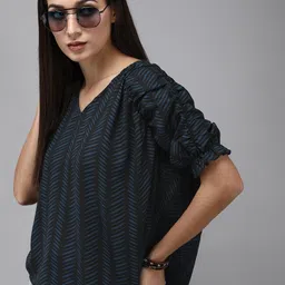Roadster Blue & Black Conversational Print V-Neck Ruched Puff Sleeves Ruffles Regular Top-image-11