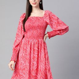 plusS Pink Smocked Printed Fit & Flare Dress-picture-45