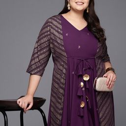 A PLUS BY AHALYAA Plus Size V-neck Maxi Ethnic Dress-image-62