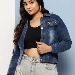 Aarika Washed Lightweight Denim Jacket With Bead Studded Details-image-2