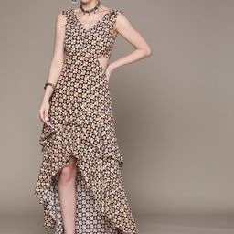 Label Ritu Kumar Off White & Black Geometric Print V-Neck Cut-Outs Tiered Crepe Maxi Dress-37