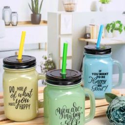 Goodhomes Multicolor Glass Mason Jar With Metal Lid & Straw (0.45 L) - Set of 3-5